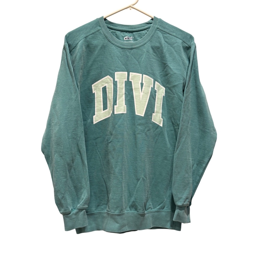 Divi Sweatshirt Women Small‎ Teal Green Varsity Logo Crew Neck Pullover